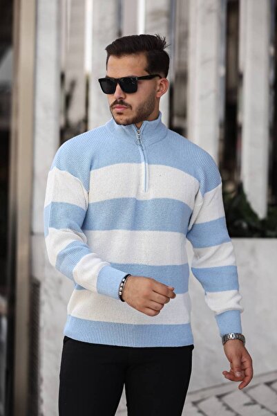 BUPPO Blue Thick Striped Half Zipper Knitwear Sweater