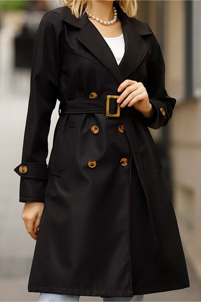 SU SHE Women's Black Buttoned Water Repellent Belted Sleeve Belted Trench Coat