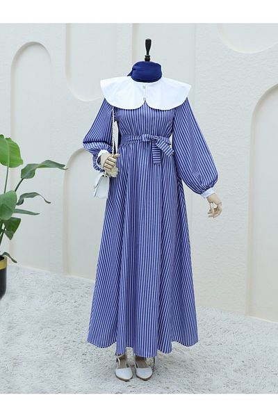 Modamorfo Gestreiftes langes Baby-Kleid mit Kragen – elastische Taille