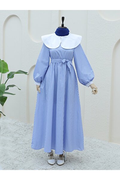 Modamorfo Синя смугаста сукня з коміром-стійкою та довгими рукавами - Еластичний пояс