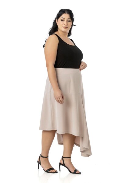 DISENTIS MODEST Plus Size Asymmetrical Cut Zipper Closure Beige Skirt