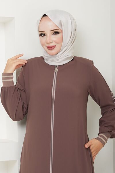 MODA ESRE FASHION Ρούχα χιτζάμπ σε κρεμ χρώμα - Μανίκια με πλισέ και λεπτομέρεια με ραβδώσεις, μανσέτες βιζόν