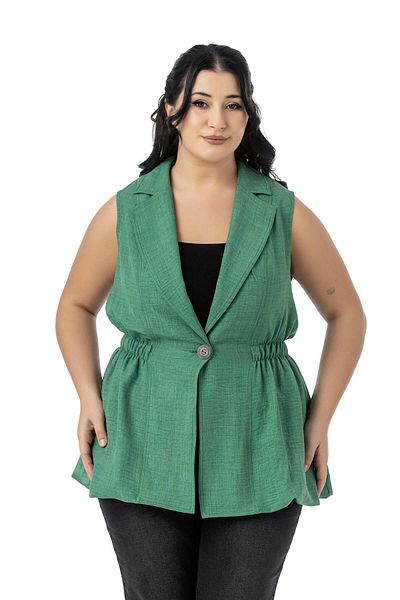 DISENTIS MODEST Plus Size Elastic Waist Detail Skirt Balloon Cut Button Lined Green Vest