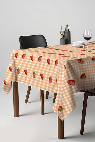 Rivaİstanbul Față de masă portocalie cu model de căpșuni Gingham, cârpă pentru masă, cârpă pentru picnic