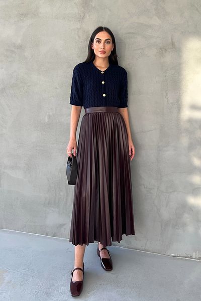 Seda Yalçın Atelier Burgundy Pleated Midi Leather Skirt