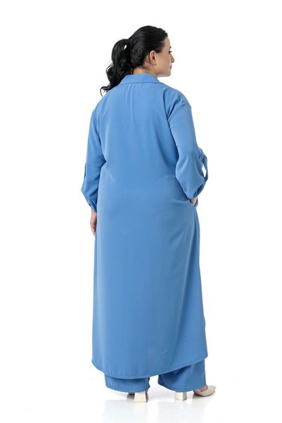 DISENTIS MODEST Large Size Long Shirt Pants Indigo Two Piece Set