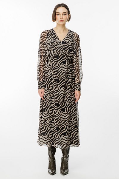 Ekol Black Zebra Print V-Neck Women's Dress 5041