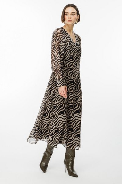 Ekol Black Zebra Print V-Neck Women's Dress 5041