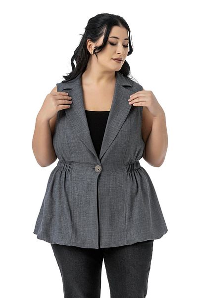 DISENTIS MODEST Plus Size Elastic Waist Detailed Skirt Balloon Cut Button Lined Gray Vest