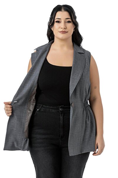 DISENTIS MODEST Plus Size Elastic Waist Detailed Skirt Balloon Cut Button Lined Gray Vest