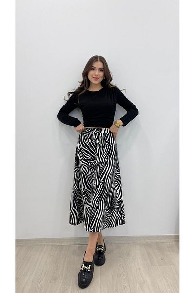 MODA FEMEIE NEGRU ALB FUSTA CU TEXTURA DE CĂPĂTĂ CU TALIE ELASTICĂ