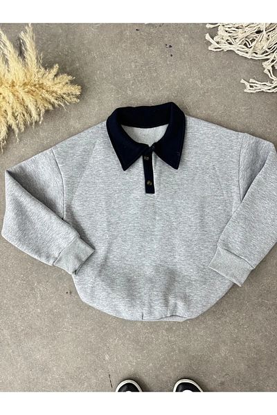 Nimas Women's Gray Oversize Polo Neck 3 Thread Raised Sweatshirt