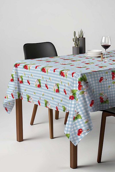 Rivaİstanbul Față de masă albastră cu model de cireșe Gingham, cârpă de masă, cârpă de picnic