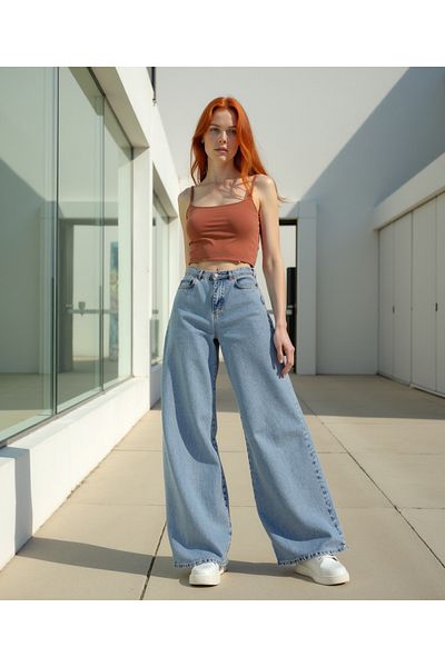 ENZİM JEANS جينز نسائي فضفاض بأرجل واسعة مصنوع من القطن بنسبة 100%