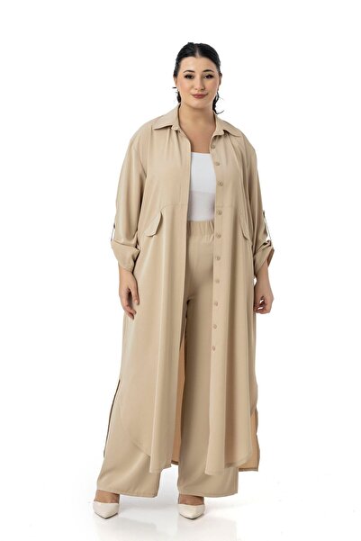 DISENTIS MODEST Μεγάλο μέγεθος Μακρύ Πουκάμισο Παντελόνι Μπεζ Χρώμα Διπλό Σετ