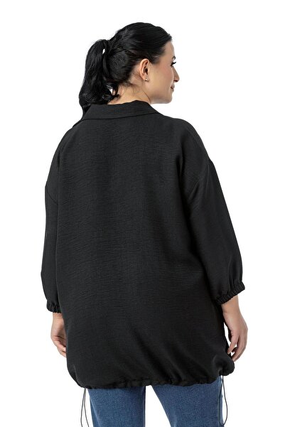 DISENTIS MODEST Plus Size Black Blouse with Three Quarter Sleeve Pocket Detail Skirt Stopper Drawstring