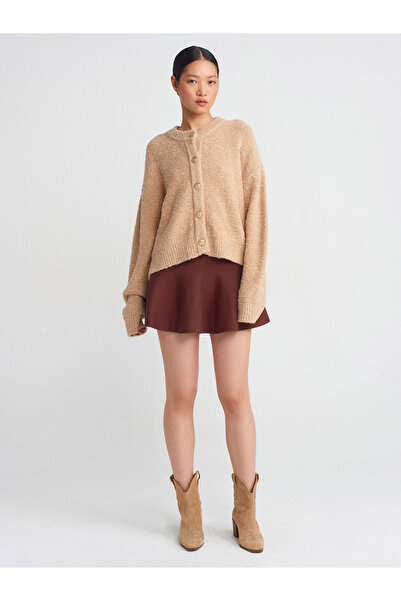 Dilvin 60276 Beige V-Neck Buttoned Boucle Knitwear Cardigan