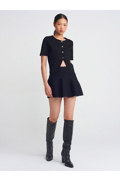 Dilvin 80120 Fusta tricotată cu volan cu talie elastică-Negru