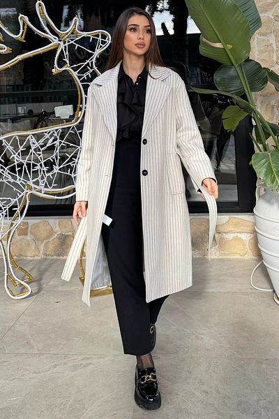 GÜLSELİ Κρεμ γυναικείο παλτό με μοτίβο γραμμής με επένδυση στη μέση με ζώνη