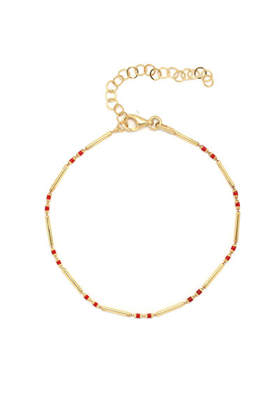Own Jewelry Kırmızı Mineli Çubuk Zincir Bileklik 14 Ayar Altın Kaplama 925 Ay...