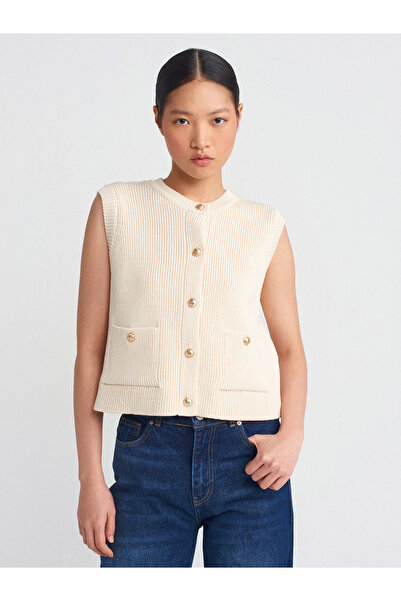 Dilvin 60922 Ecru Knitwear Γιλέκο - Crew Neck, με κουμπιά και τσέπες