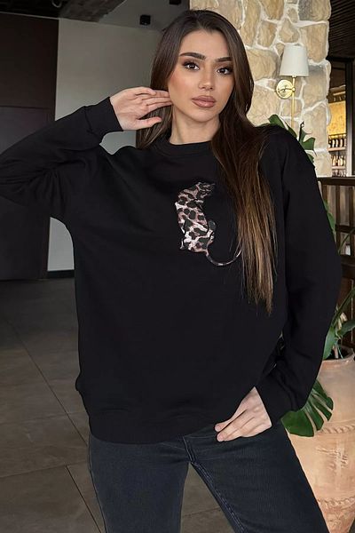 GÜLSELİ Черен дамски суитшърт с леопардова бродерия и три нишки