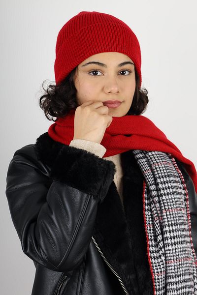 MinaCarin Combinație de beretă roșie și eșarfă cu două fețe pentru femei