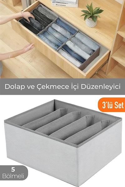 Spartek home textile 3 Pieces 5 Compartments Closet-Drawer for Clothes, Jeans, Sweaters, Shirts, Pants Organizer