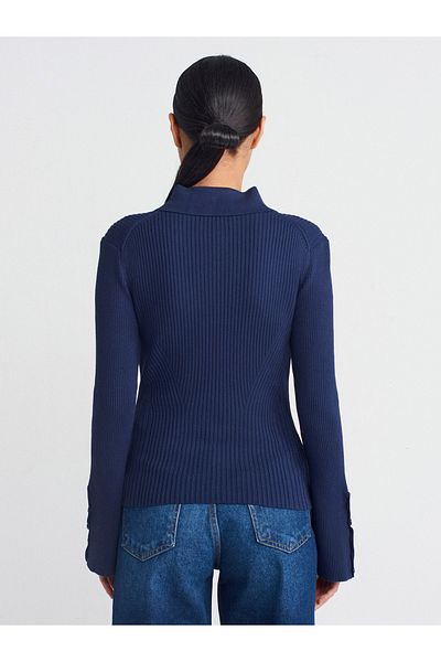 Dilvin 10637 Polo Neck Buttoned Ribbed Knitwear Sweater-Navy Blue