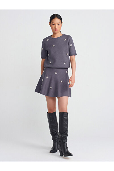 Dilvin 80119 Καπνιστή Πλεκτή Φούστα - Κεντημένη με Πέρλες, Ελαστική Μέση