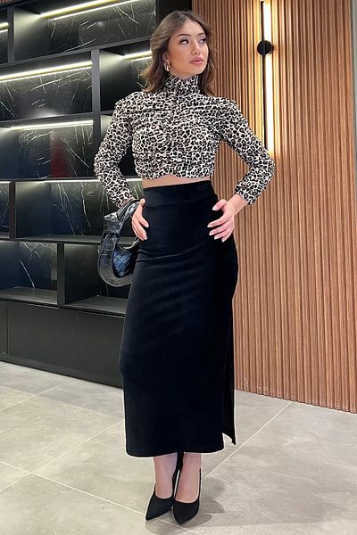 GÜLSELİ Fusta de catifea cu fanta pentru femei negre