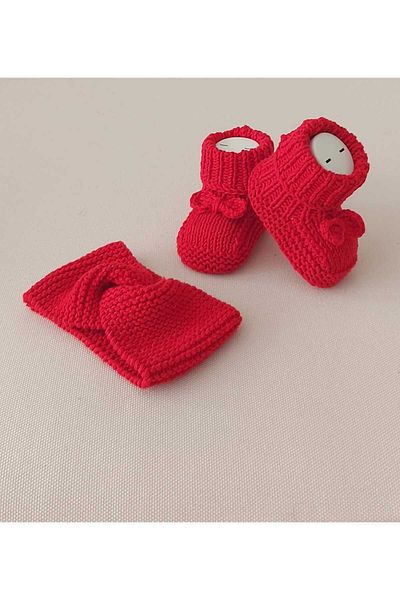 BEGİN 0-12 Months Red Newborn Gift Baby Dress - Acrylic Wool Slippers, Booties and Bandana Set