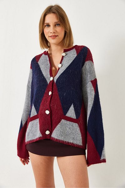 Bianco Lucci Women's Diamond Patterned Oversize Knitwear Cardigan 4021 60261248