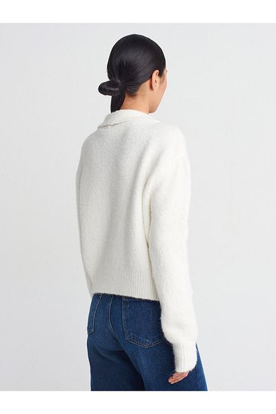 Dilvin 60928 Polo Neck Buttoned Soft Knitwear Cardigan-Ecru