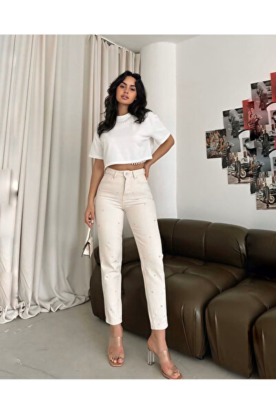 White Black Jeans Taş Detaylı Krem Sarı Boyfrend Mom Jeans Yüksek Bel Likralı...
