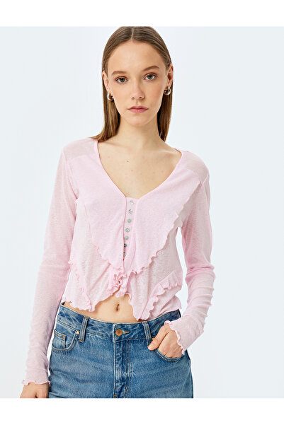 Koton Μακρυμάνικη μπλούζα με λαιμόκοψη V με λεπτομέρεια βολάν