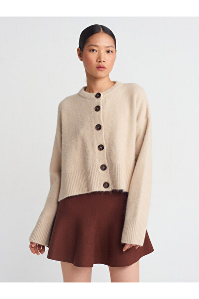 Dilvin 60280 Wool Blend Knit Cardigan with Side Slits - Dark Beige