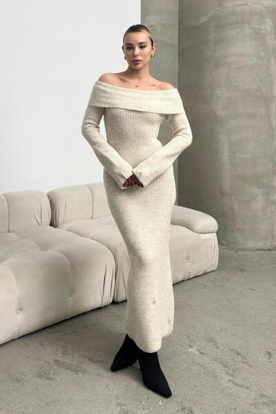 Olcay ΜΠΕΖ Μακρύ Πλεκτό Φόρεμα - Boat Neck 9264-E