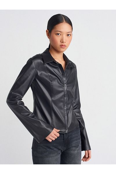 Dilvin 50492 Faux Leather Shirt-Black