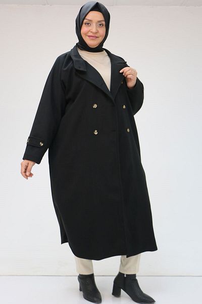 Eslina 43073 Large Size Turtleneck Cashew Coat - Black