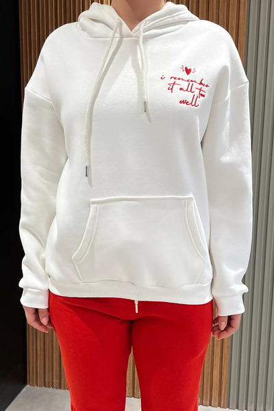 GÜLSELİ Σετ γυναικεία αθλητική φόρμα με κέντημα σε λευκό-κόκκινο κείμενο