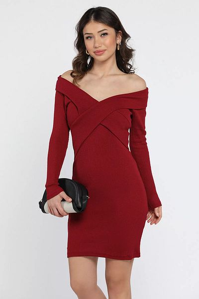 GÜLSELİ Μίνι φόρεμα Claret Red Γυναικείο σταυρωτό γιακά