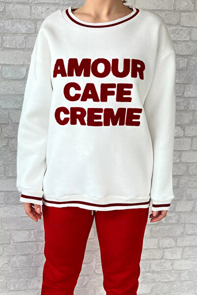 GÜLSELİ Λευκό-Κόκκινο Γυναικείο Σετ αθλητικής φόρμας με κέντημα με λαιμόκοψη