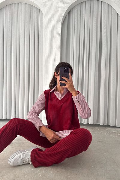 MOZENA Burgundy Striped Shirt Sweater Double Set