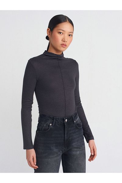 Dilvin 31391 Stand Collar Long Sleeve Top-Anthracite