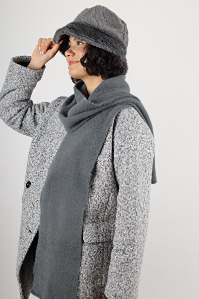 MinaCarin Γυναικείο βελούδινο καπέλο και κασκόλ από γούνα ανθρακί