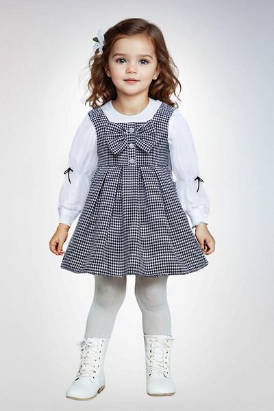 Minigimin Cicileri White 2-Piece Skirt Set for Girl - Houndstooth Pattern and Bow Detail