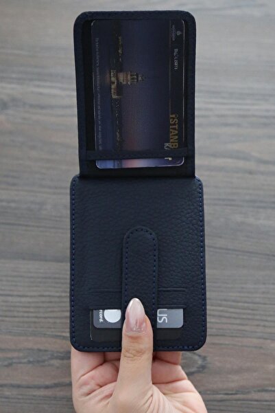 Madmext Navy Blue Genuine Leather Men's Card Holder with Snap Closure 7261