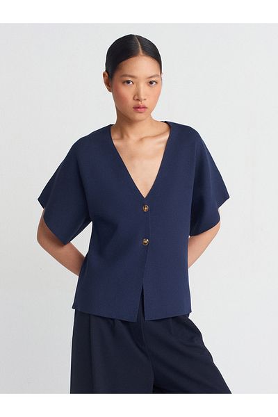 Dilvin 60288 V-Neck Buttoned Knitwear Cardigan-Navy Blue