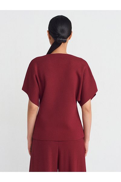 Dilvin 60288 V-Neck Buttoned Knitwear Cardigan-Claret Red